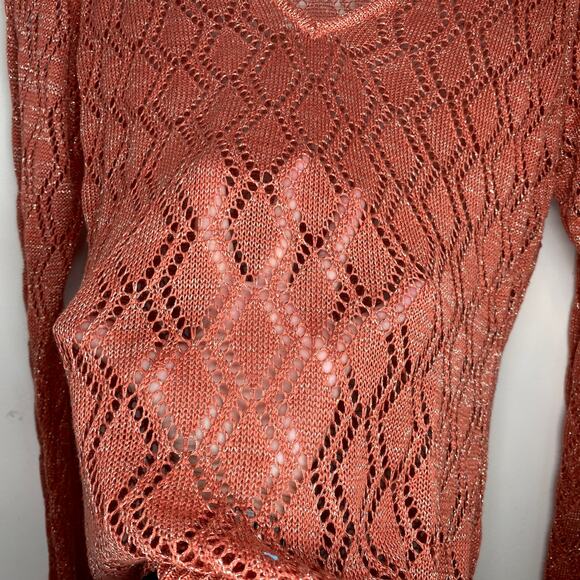 Y2k indie Crochet Worthington Sweater V-neck peach cottage summer L - Picture 4 of 9